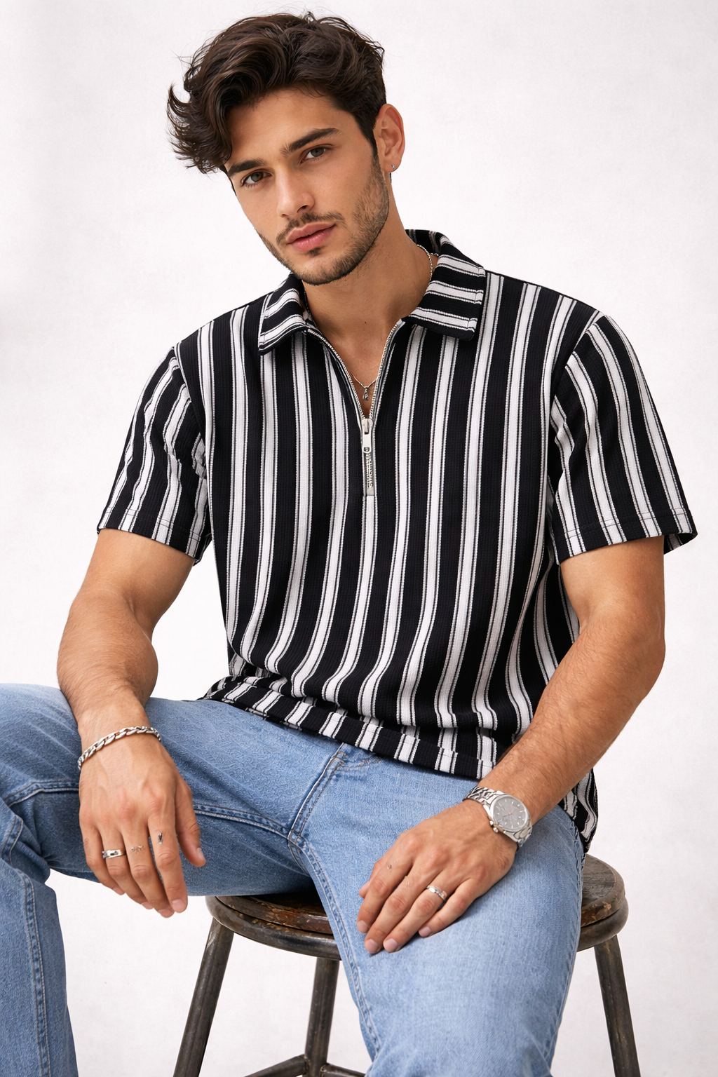 Waffle Knit Dual Stripe Zip Polo Shirt