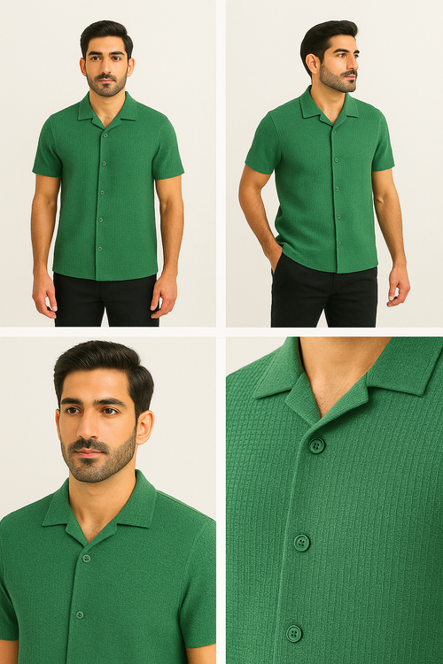 Green Waffle Knit Cuban Collar Shirt for Men