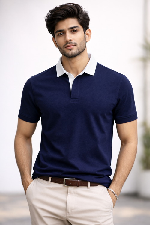 Navy Blue - Two Tone Johnny Collar Polo