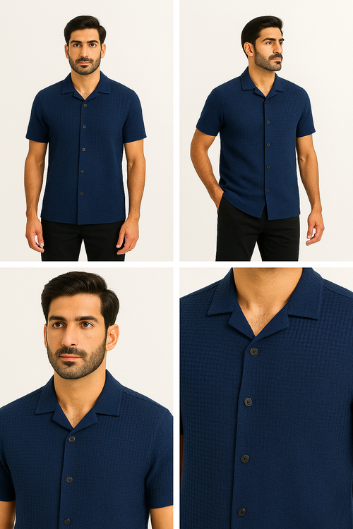 Navy Blue Waffle Knit Cuban Collar Shirt for Men