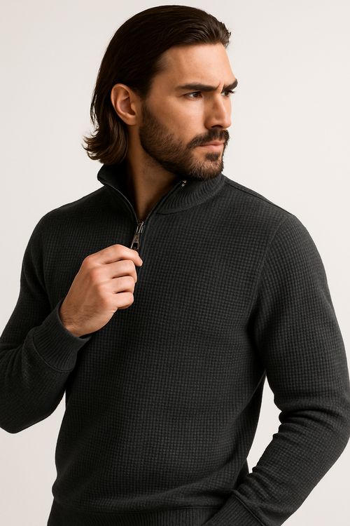 Charcoal WaffleZip Mockneck
