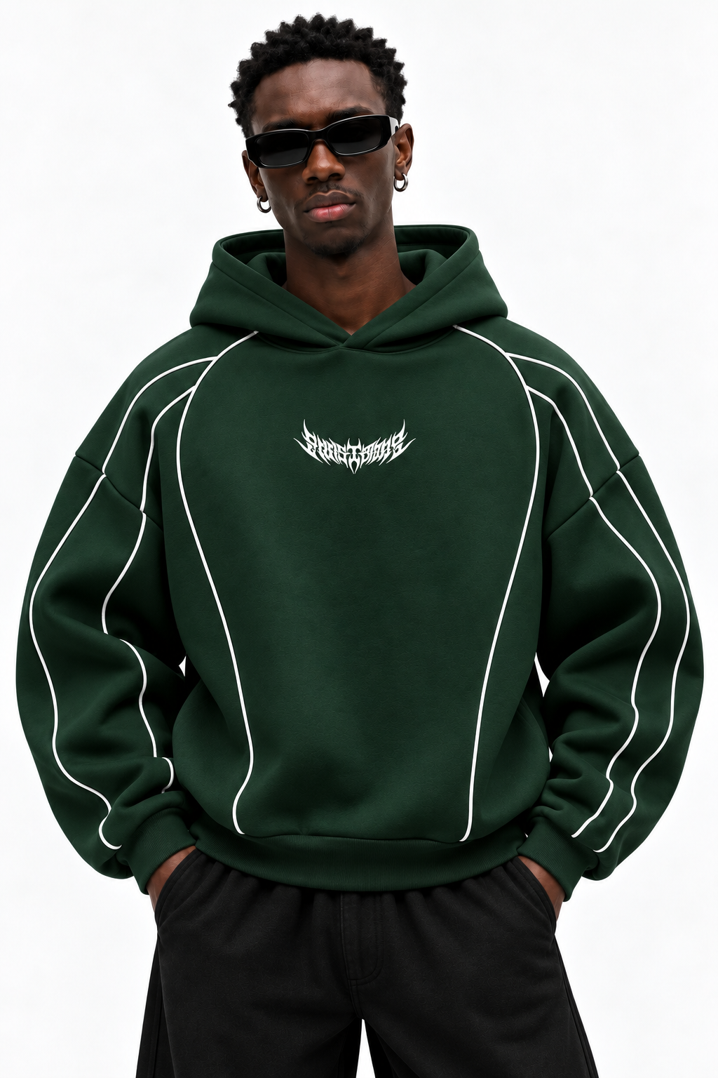 Piped Oversized Drop Shoulder Hoodie - Dark Green