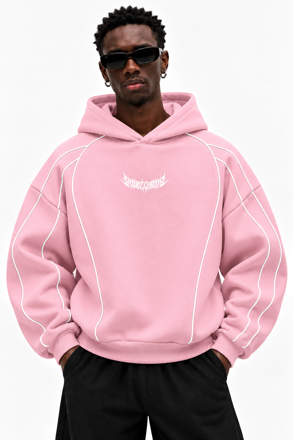 Piped Oversized Drop Shoulder Hoodie - Pink