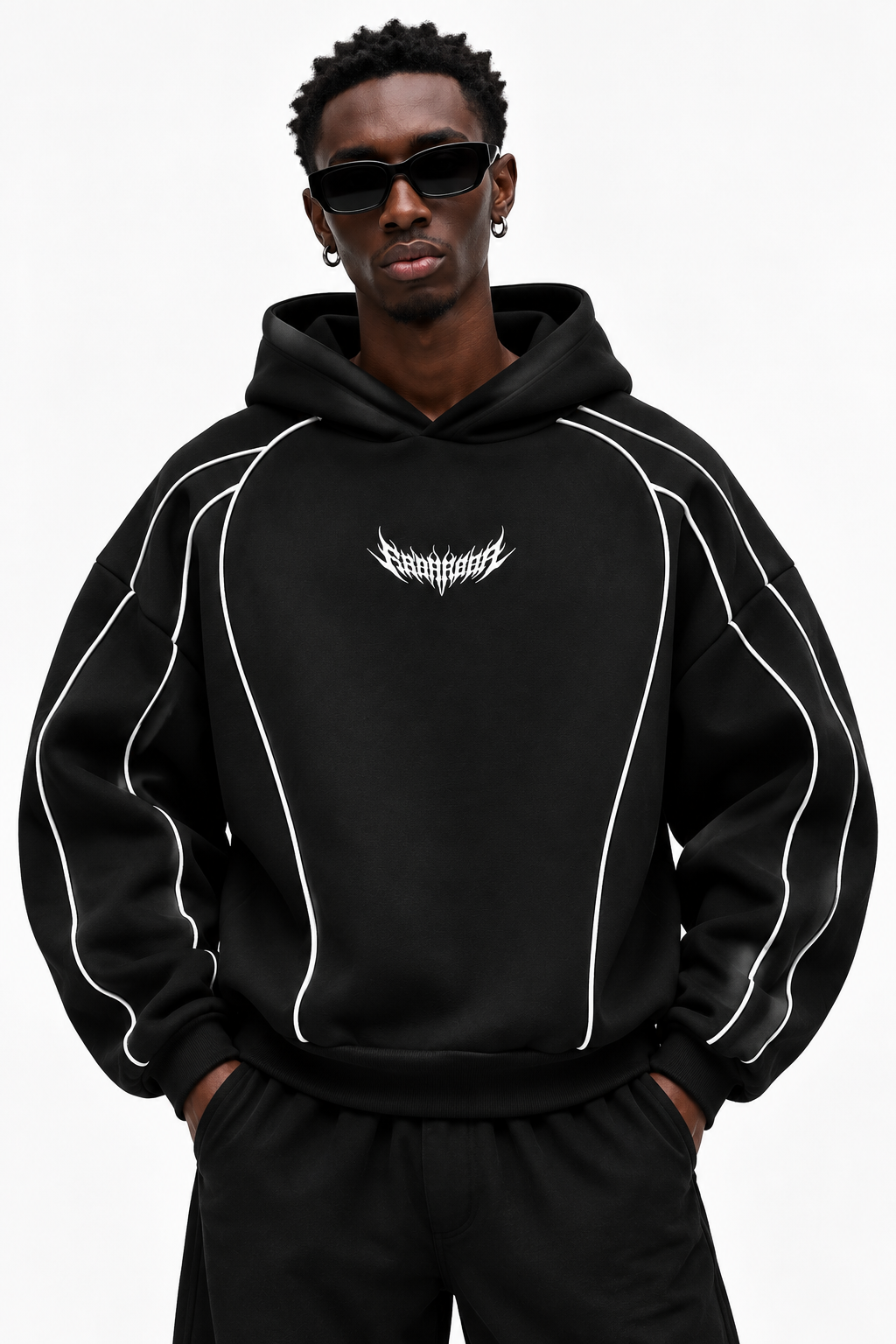 Piped Oversized Drop Shoulder Hoodie - Black